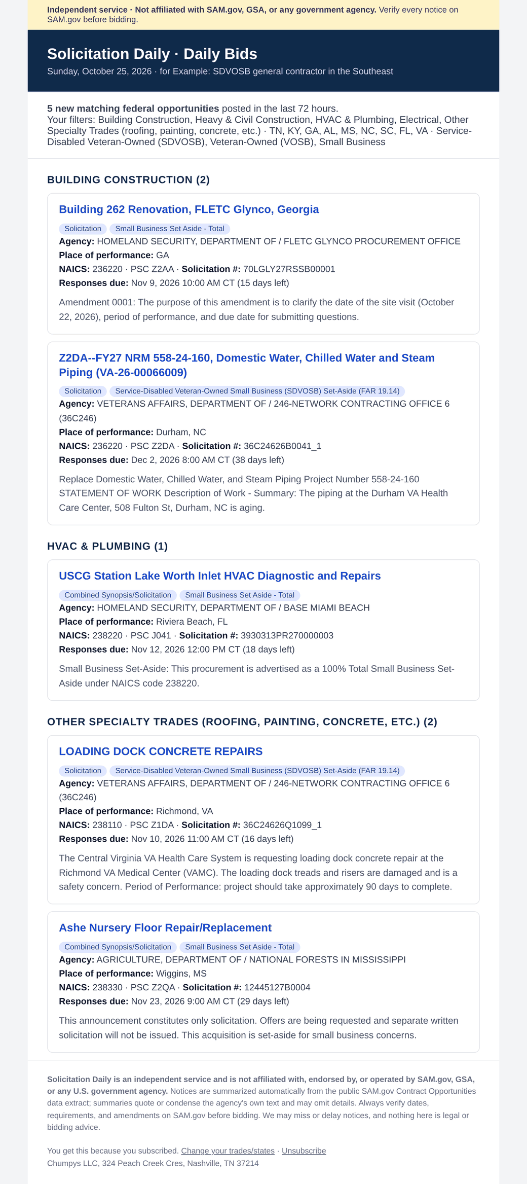 Sample Solicitation Daily daily email showing five construction bids in the Southeast with deadlines, set-asides and summaries